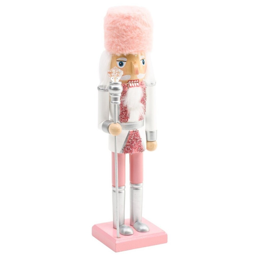 Wooden Christmas Nutcracker, 14" WHITE MALE SOLDIER, PINK & WHITE W/STAFF, MAR